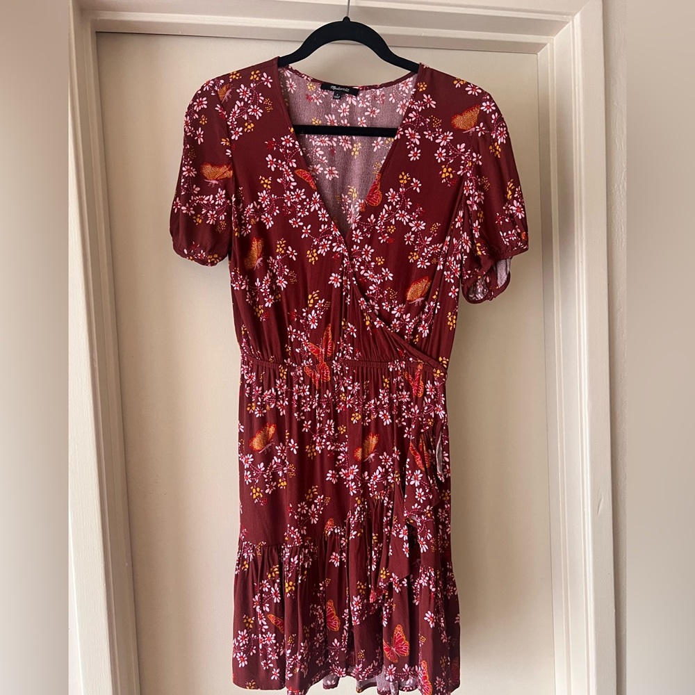 Madewell Red Ruched Wrap Midi Dress